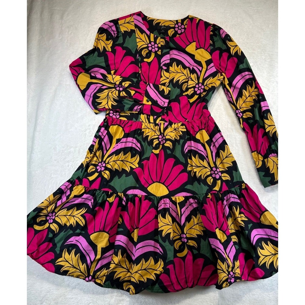 J.Crew Maximalist Retro Mod Floral Tiered Mini Dress 6 Cotton Tropical Yellow